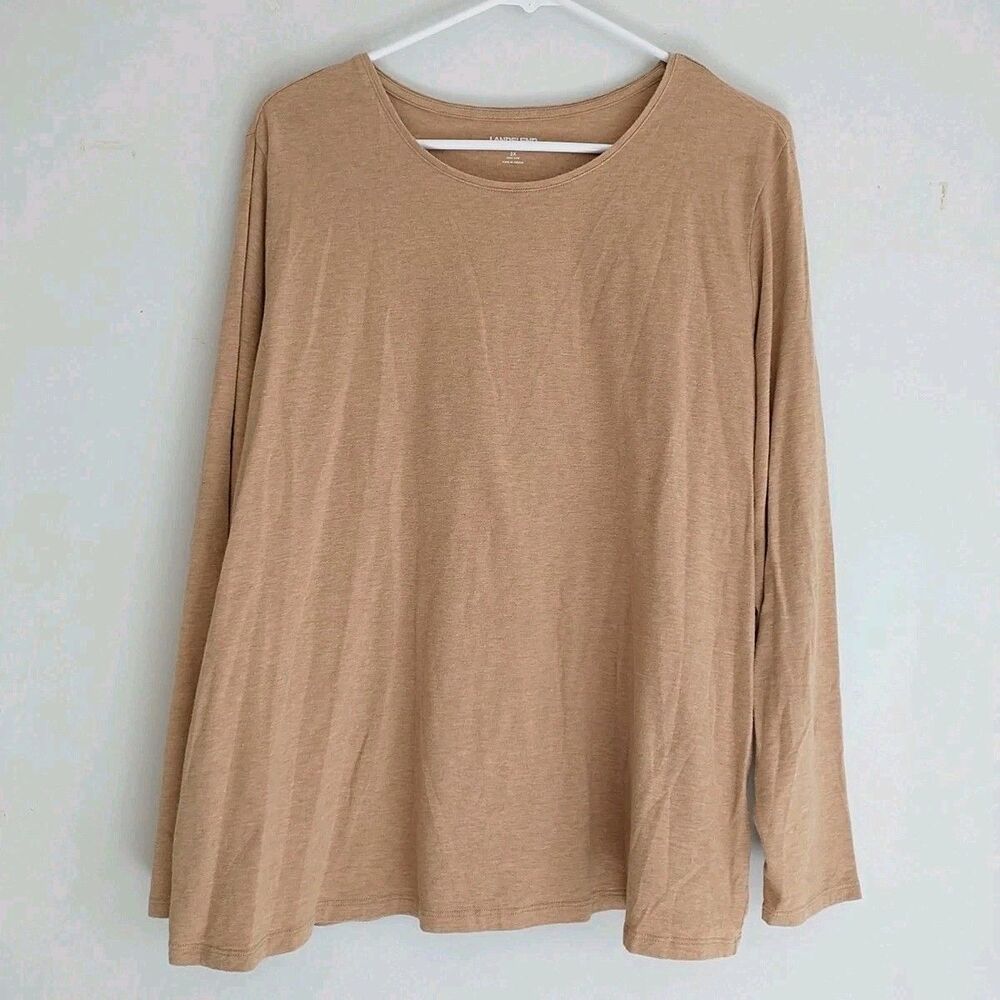 Lands End T Shirt Womens 2X 20W-22W Shaped Fit Beige Long Sleeve Cotton Casual
